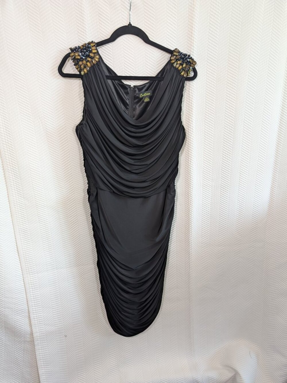 Cartise Black Draped Cocktail Dress Ruched Jewel Shoulders Large Evening Wedding